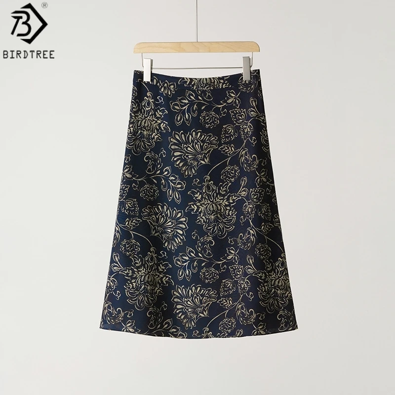 Birdtree,93% Real Silk 7% Spandex Print Skirt,Chinese-style,Women Heavy Crepe  Elegant Casual Skirts,2026 Spring New D61537JF