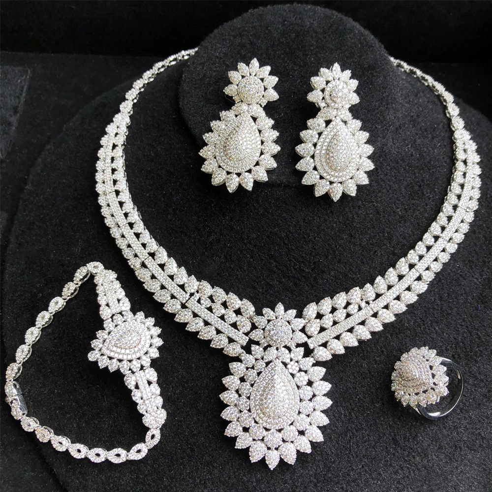 

GODKI Flower Leaf Luxury Women Nigerian Wedding Naija Bride Cubic Zirconia Necklace Dubai 4PCS Dress Jewelry Set