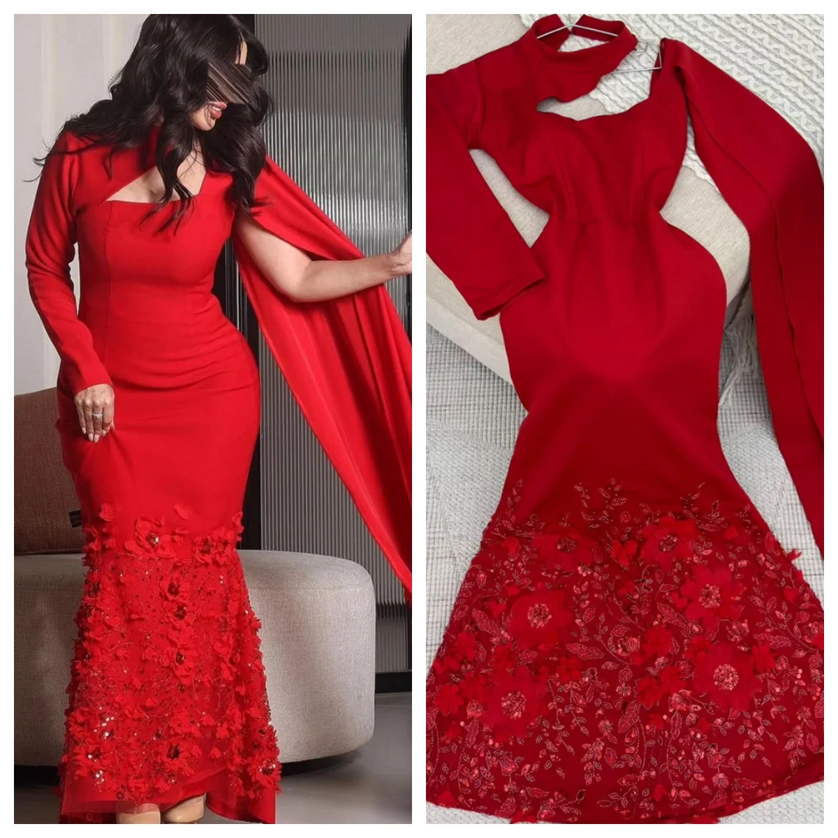 Customized Evening Dress Classic Red Jersey High Collar One Shoulder Long Sleeves Mermaid Appliques Beading Party Dresses