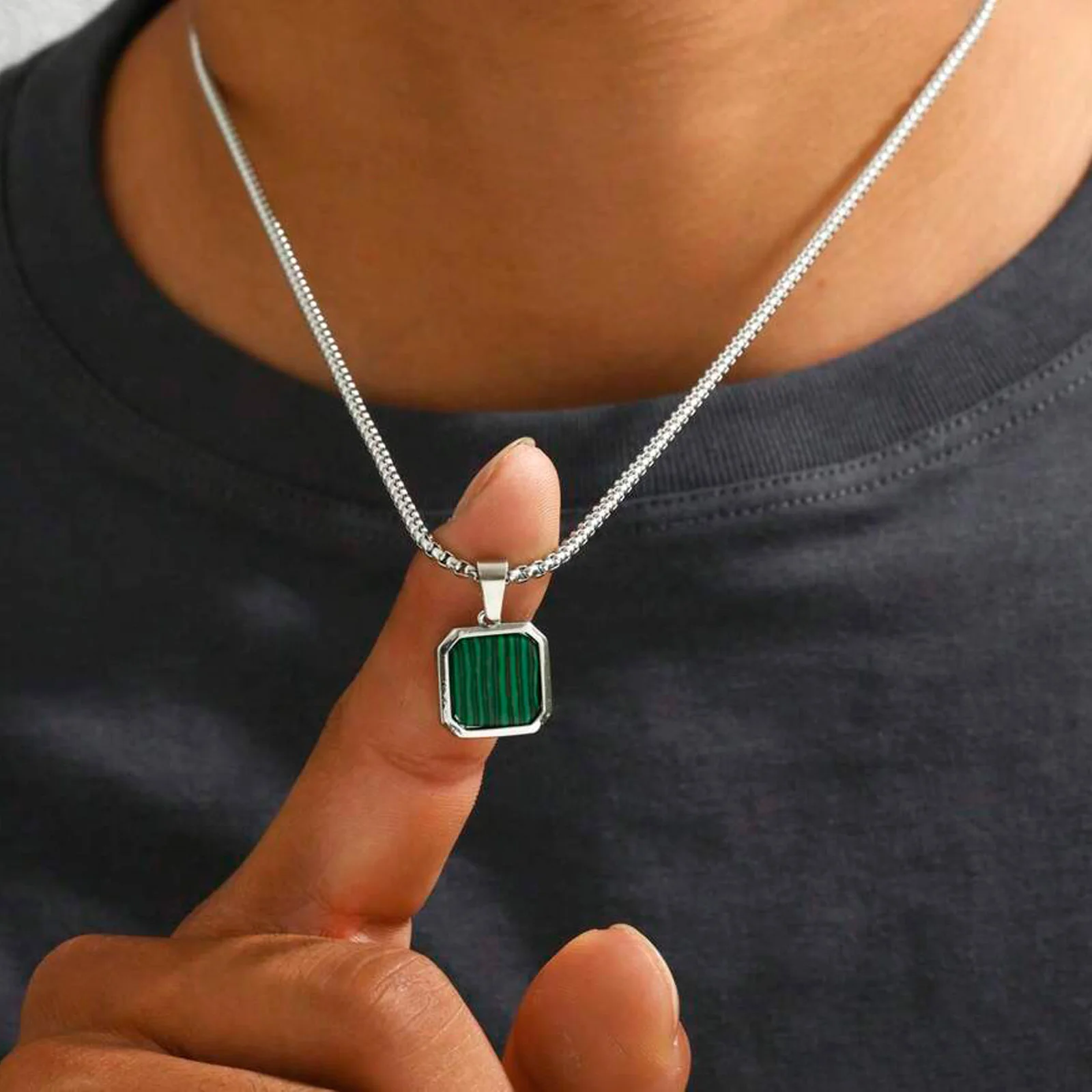 Watermelon Color Pendant Necklace for Men Boys,Green Square Round Stainless Steel Necklace,Stylish Jewelry Gifts to Husband Dad