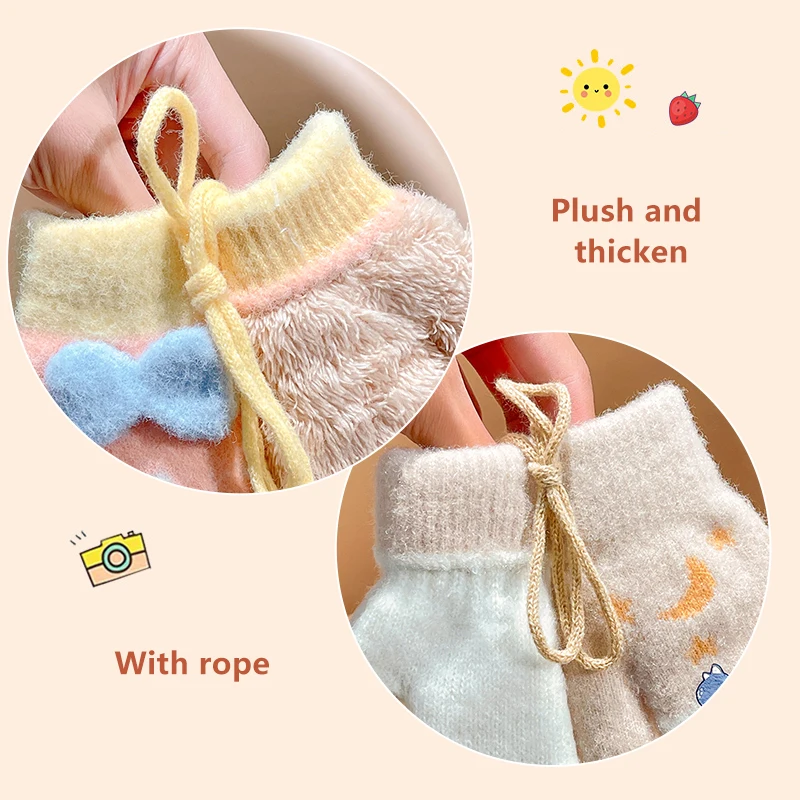 2022 New Baby Girls Cute Colors Cartoon Bow Plush Thickened Warm Gloves Children Soft Outdoor Windproof Warm Gloves Kids Gloves