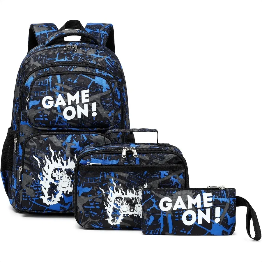 

School Backpack for Boys Flame Game Bookbag with Lunch Box Luminous Blue