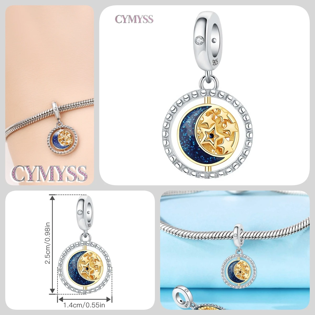 925 Sterling Silber Stern Niedlicher Mond Schlafmützen-Anhänger Charms Passend für Halskette Armband DIY Schmuck Perfektes Party-Geschenk-Accessoire – Detail 3