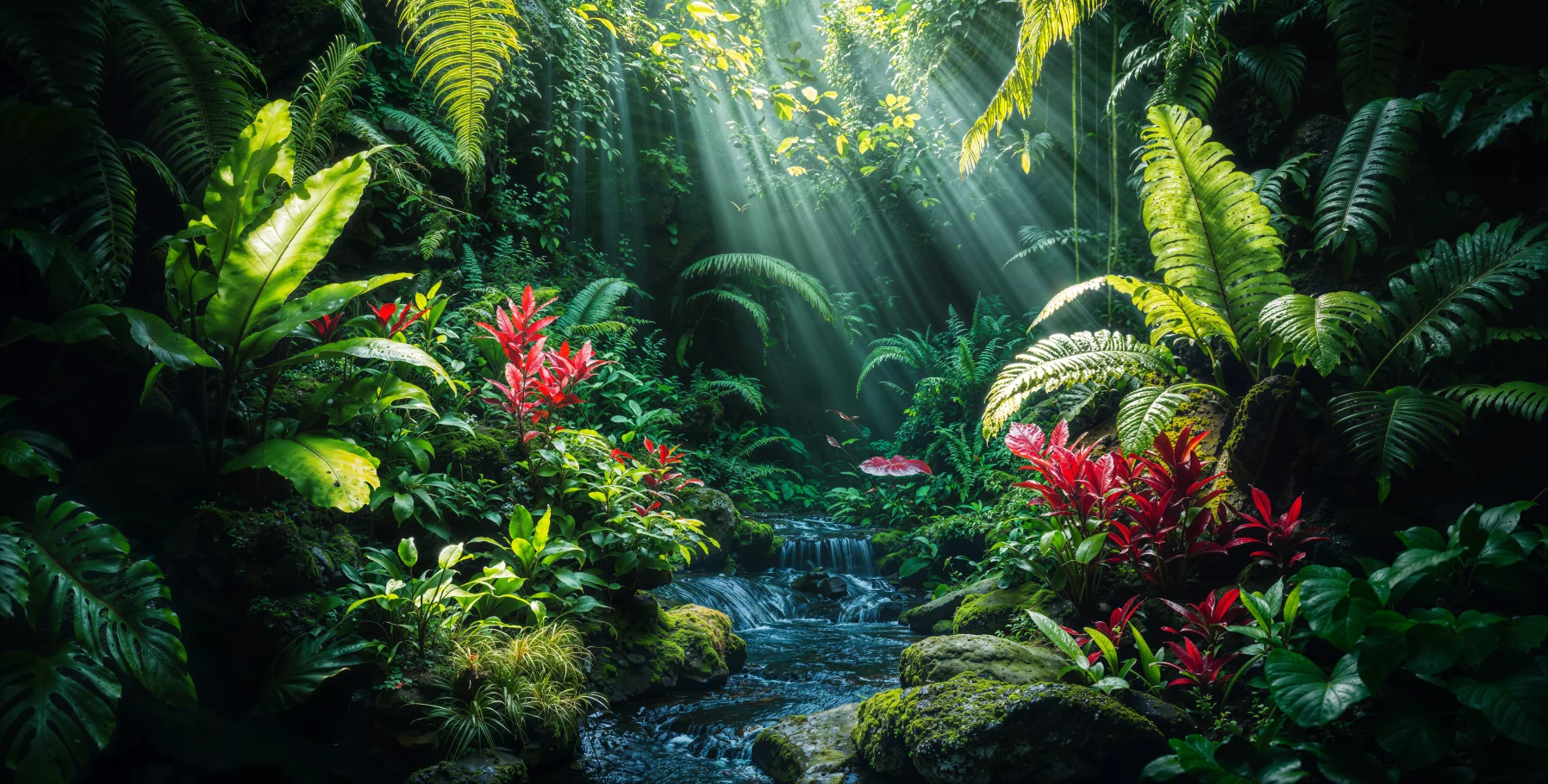 

Custom Size Wallpaper Tropical Plants Stone Stream Red Leaves Mural Home Decoration Living Room Bedroom Green Leaf 3d wallpaper