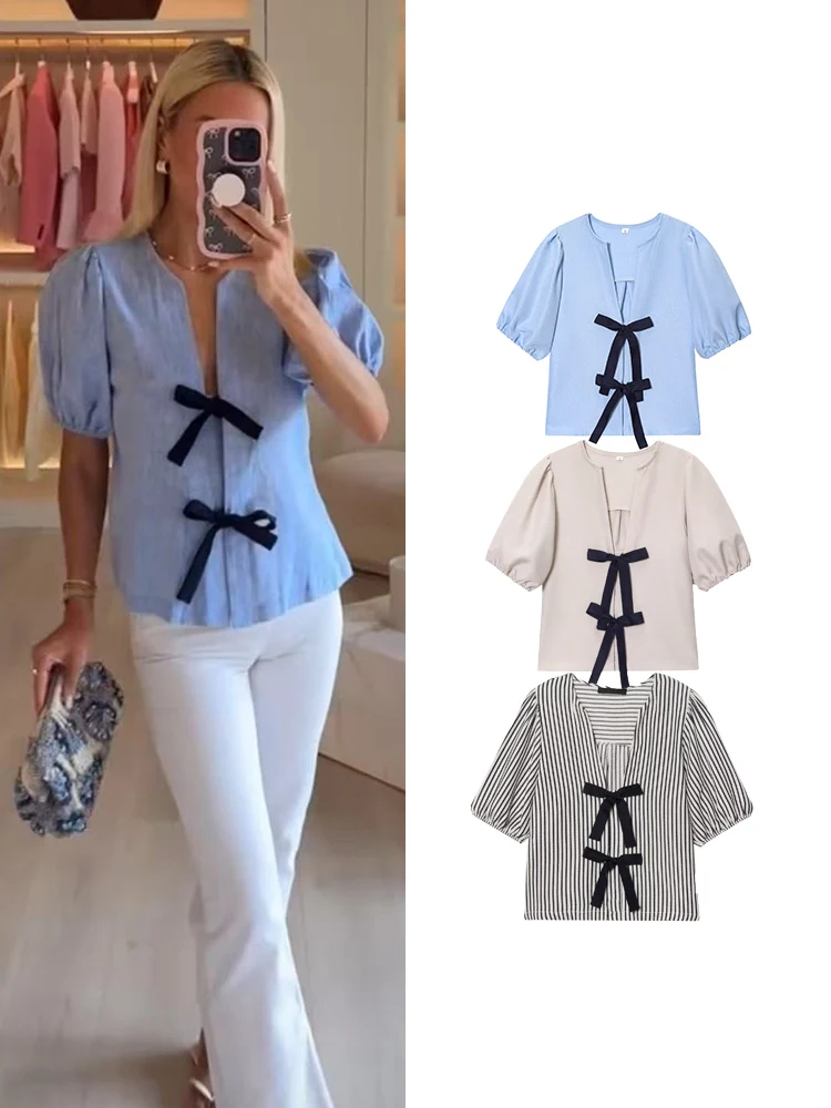 TFMLN 2025 New Women's Bow Short Sleeve Top For Fashion V-neck Stripe Fit Shirt Female Summer Chic Casual Holiday Streetwear
