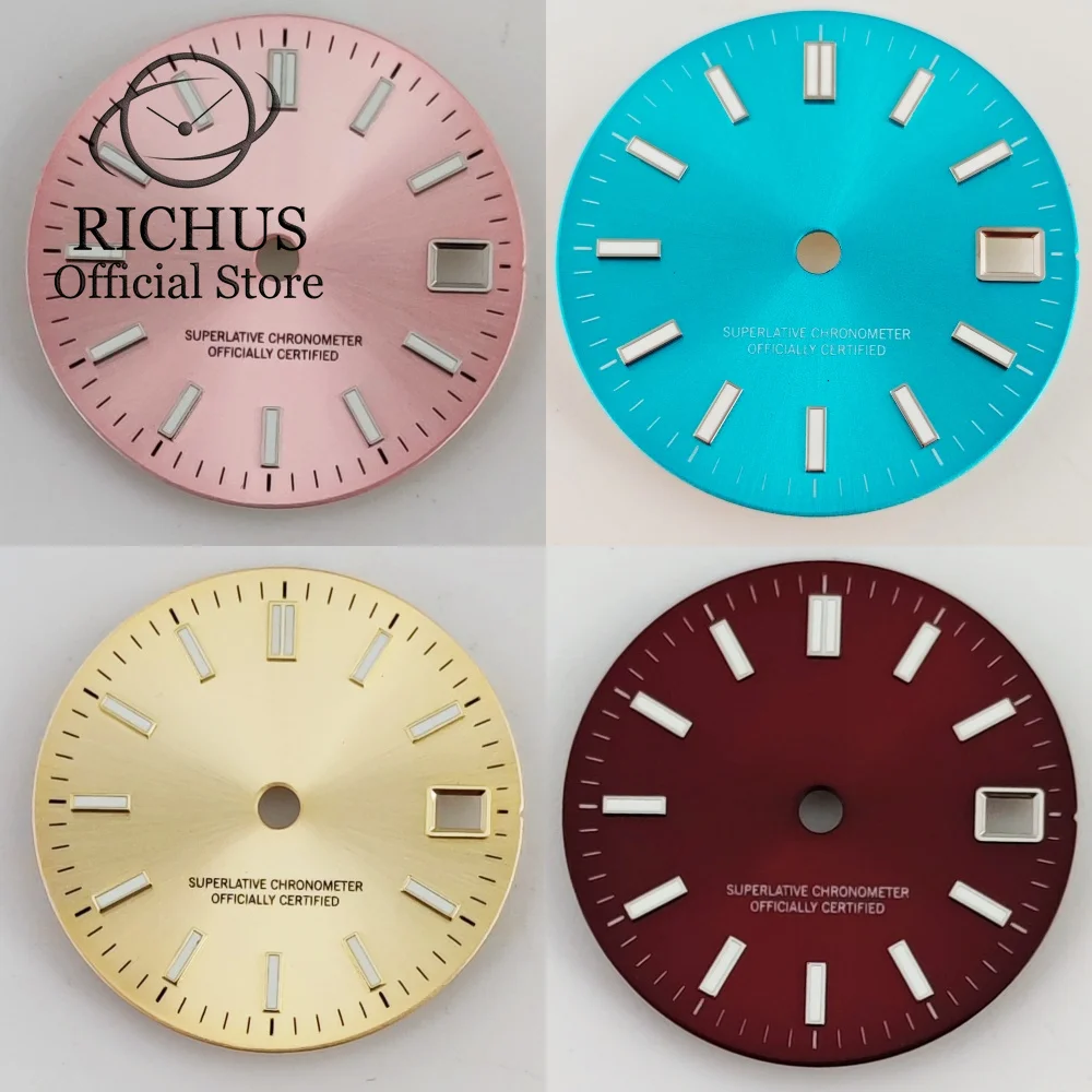 

RICHUS 29 мм черный, красный, розовый, синий стерильный циферблат для часов, зеленый светящийся циферблат, подходит для NH35 NH36, аксессуары для часов с механизмом, детали