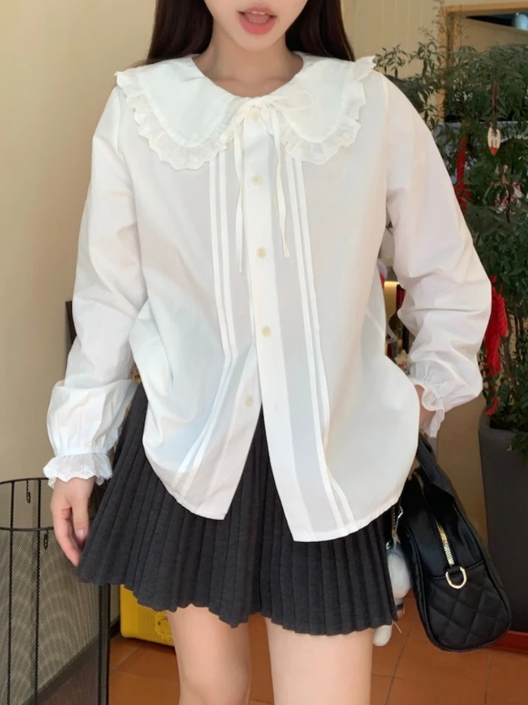 

ADAgirl White Women Shirt Peter Pan Collar Blouse with Lace Lolita Style Cutecore Sweet Girl Preppy Style Long Sleeve Spring Top