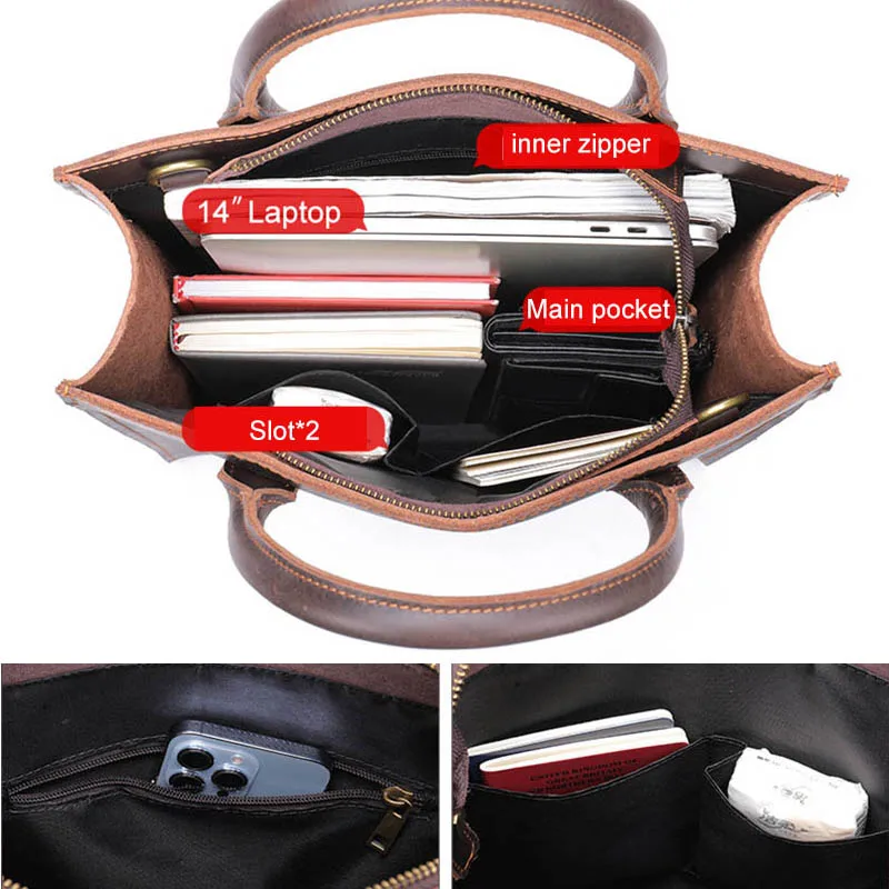 Luufan Vintage Lederen Mannen Schoudertas Business Handtas Brown Echte Koe Lederen Werk Draagtas Schouderriem Ipad Pocket