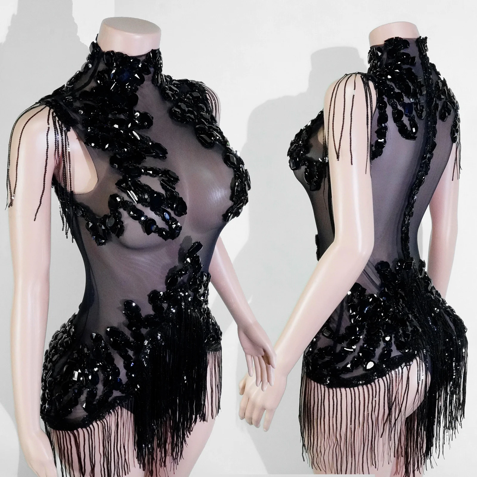 Nowy czarny kombinezon sceniczny bez rękawów z wysokim dekoltem, zdobiony frędzlami z czarnych cyrkonii, prześwitujący, idealny dla piosenkarzy, na imprezy, urodziny i do klubów nocnych.