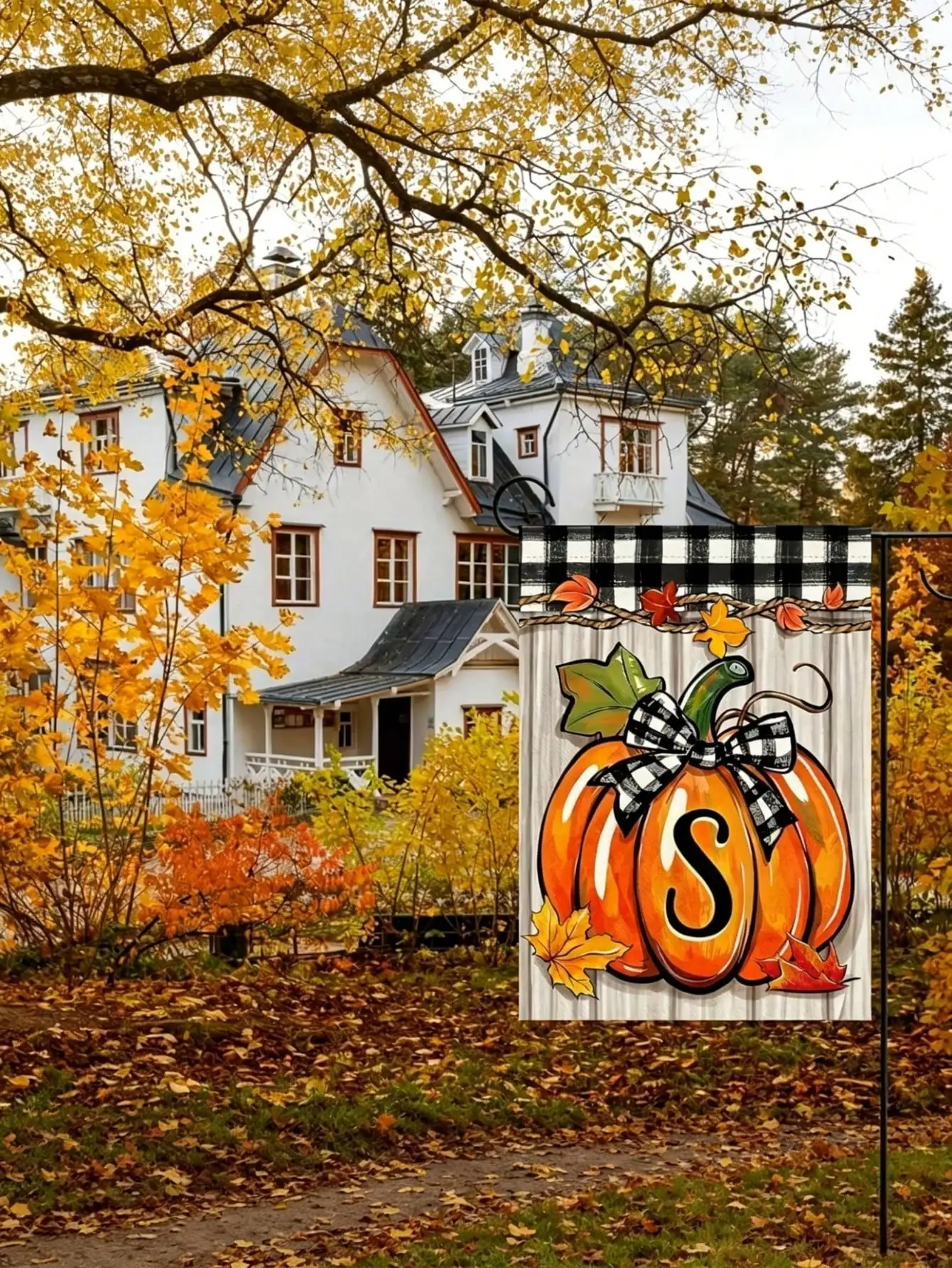 1Pc Autumn Thanksgiving Pumpkin Letter S Family Surname Initial Buffalo Check Bow Garden Flag, Suitable For Cottage Holiday Outdoor Lawn Home Decoration 12X18 Inches (Flagpole Not Included)