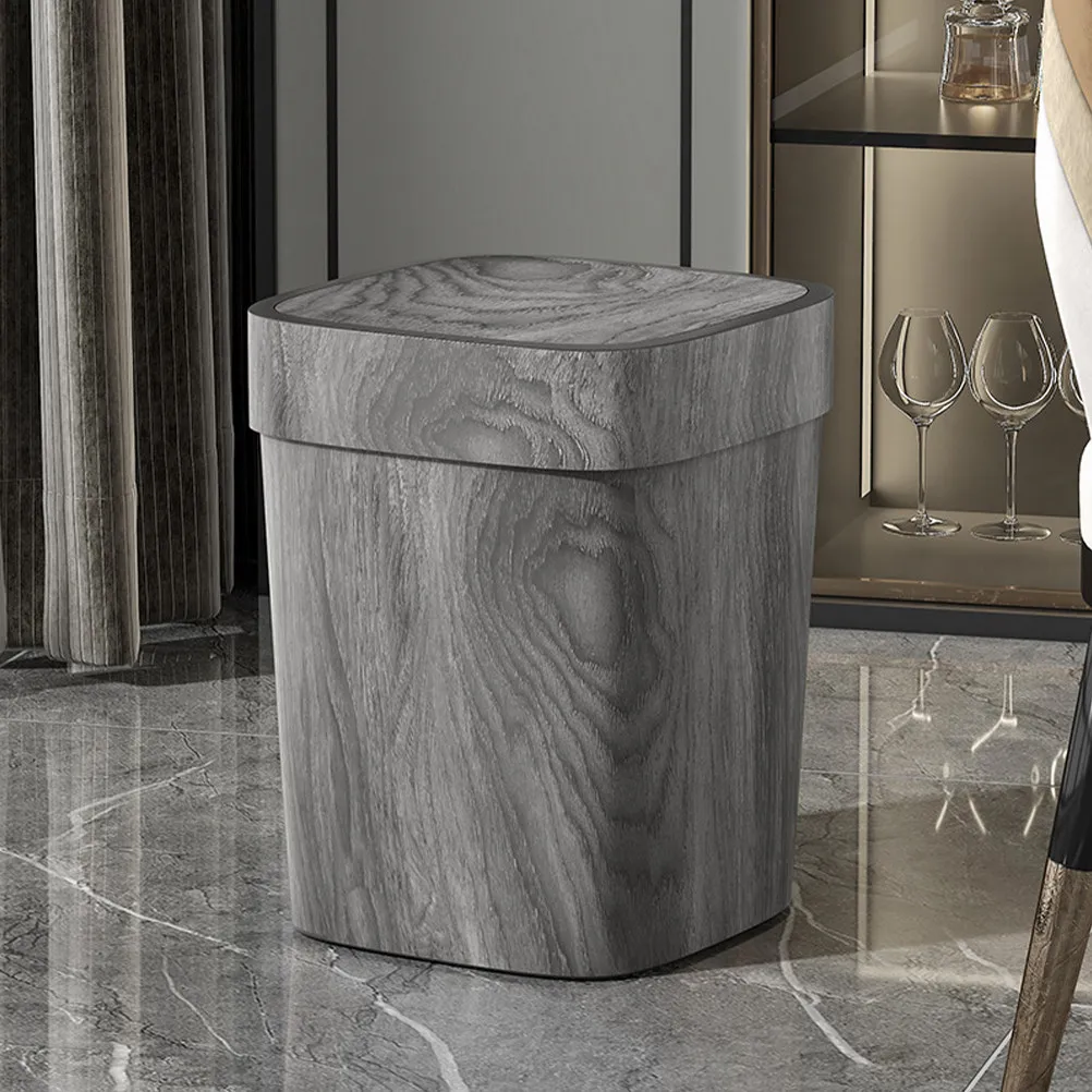 

Medium Swing Lid Trash Can Imitation Wood Grain Retro Design Odor Containing Compact Waste Basket for Home Kitchen Bathroom