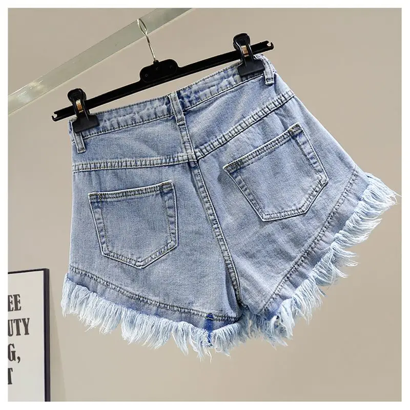 Pink Bead Diamond Irregular Burr Edge Wide Leg A-Word Denim Shorts Hot Pants Women's Korean High Waist Jean Shorts Mujer