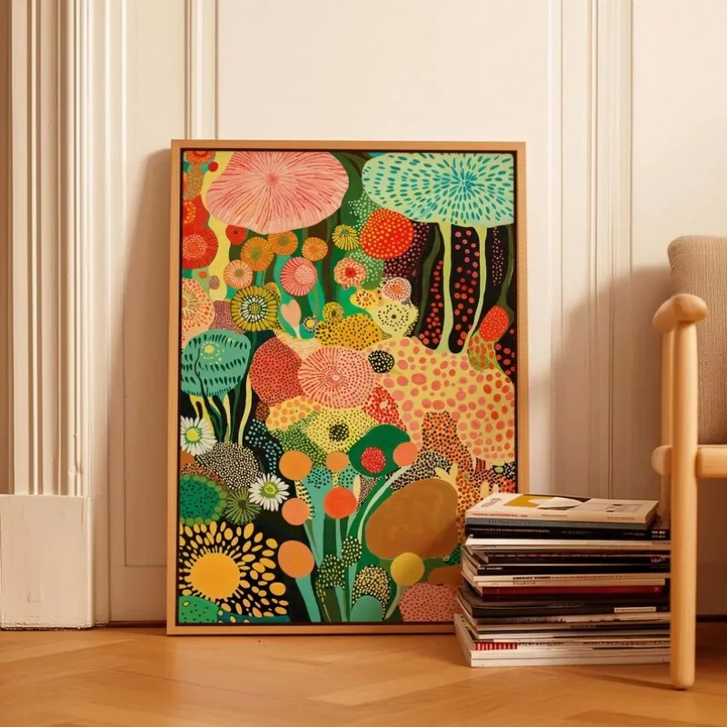 Póster Artístico de pared botánico inspirado en Japón Yayoi Kusama, obra de arte de lunares florales coloridas Japandi para decoración del hogar y habitación, pintura en lienzo