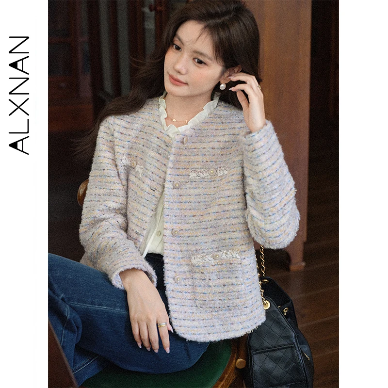 ALXNAN violet veste courte femmes 2025 automne hiver nouveau rayé col rond droit laine veste décontracté élégant vestes L57926
