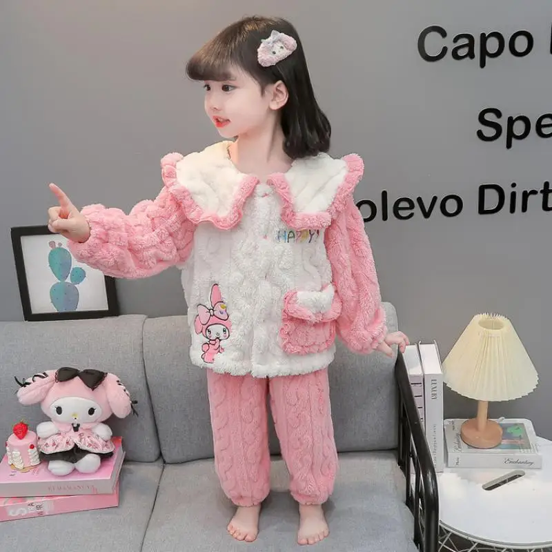 Sanrios Child Pajamas Coral Fleece Girl Kawaii Cartoon Autumn Winter Thicken Keep Warm Plus Velvet Child Lounge Clothes Suit