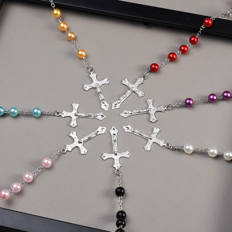 Fashion Religion Christian Faux Pearl Rosary Necklace for Women Virgin Mary Jesus Cross Pendant Long Beads Chains Jewelry