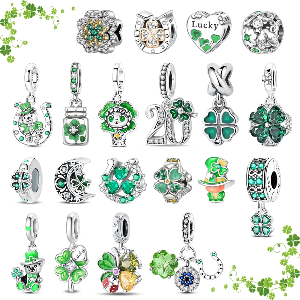 Lucky 925 Sterling Silver Four-Leaf Clover Horseshoe Crab Ladybug Number Charm Fit DIY Bracelet Necklace Health Good Luck Gifts