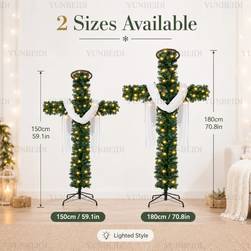 150/180cm Cross Shaped Christmas Tree Pre Lit Warm LED Lights Artificial PVC Xmas Tree Religious Holiday Home Outdoor Decoration
