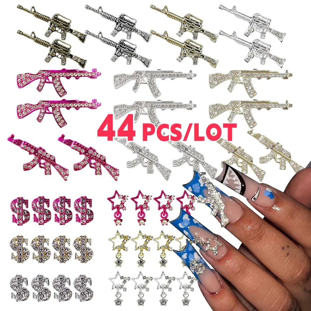 44PCS 3D Retro Silver Gun Dollars Nail Charms y2k Full Rhinestones Cool Luxury Nail Art Decoration Dangle Stars Charms for Nails