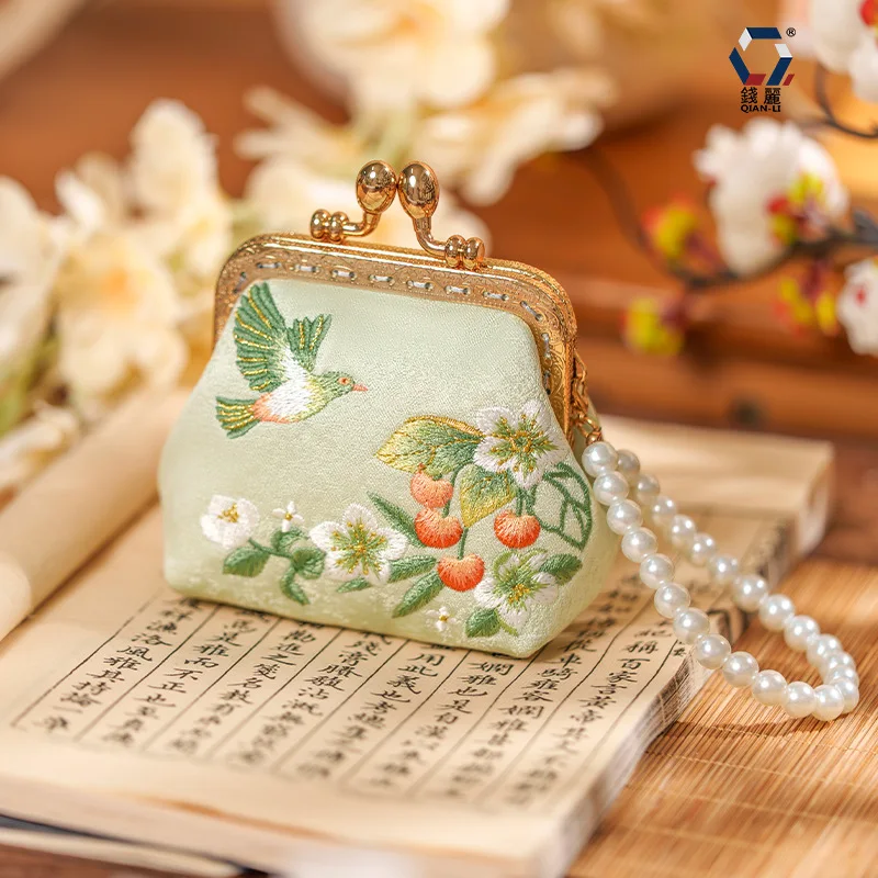 Embroidered Kiss Lock Coin Purse Vintage Flower Bird Clasp Change Pouch Mini Wallet For Women Girls Small Card Holder Daily Use