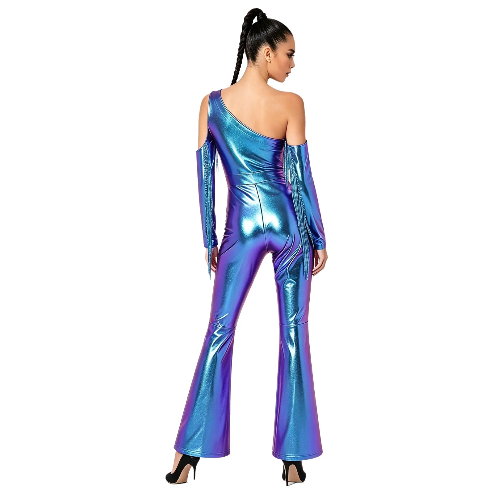 Womens Metallic Disco Dance Flare Jumpsuit with Sequin Tassels One Shoulder Bell Bottoms Romper for Stage Performance Party Wear