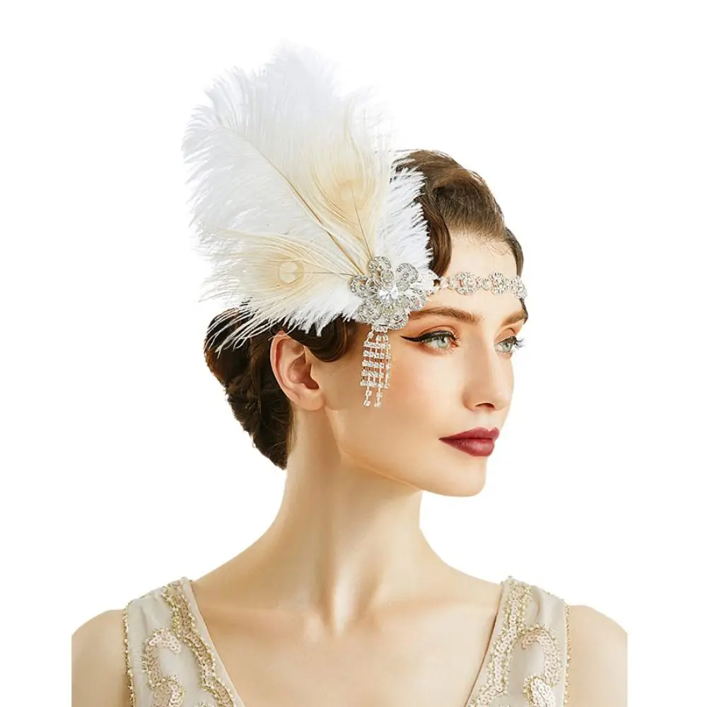 Trendy Vintage Feather Headband Elegant Diamond Masquerade Hair Band Makeup Party 1920s Cosplay Dress Headwear Bridal Headdress