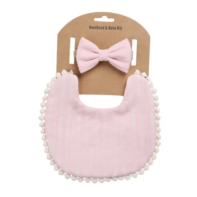 New Spring And Autumn Antifouling Lace Bow Headband Ruffle Towel Set Baby Muslin Bib