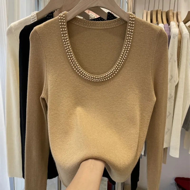 

Large U-neck Long-sleeved Sweater for Women in Autumn and Winter Solid Color Beaded Sweater Loose Slim and Versatile Elegant Top