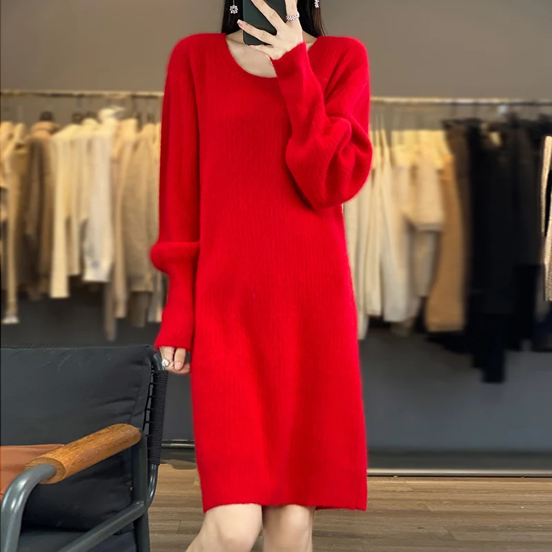 RONGYI 2023 100% Mink Cashmere Women\'s Pullover Knitting O-Neck Autumn And Winter New lOose Long-Sleeved Long Dress Top