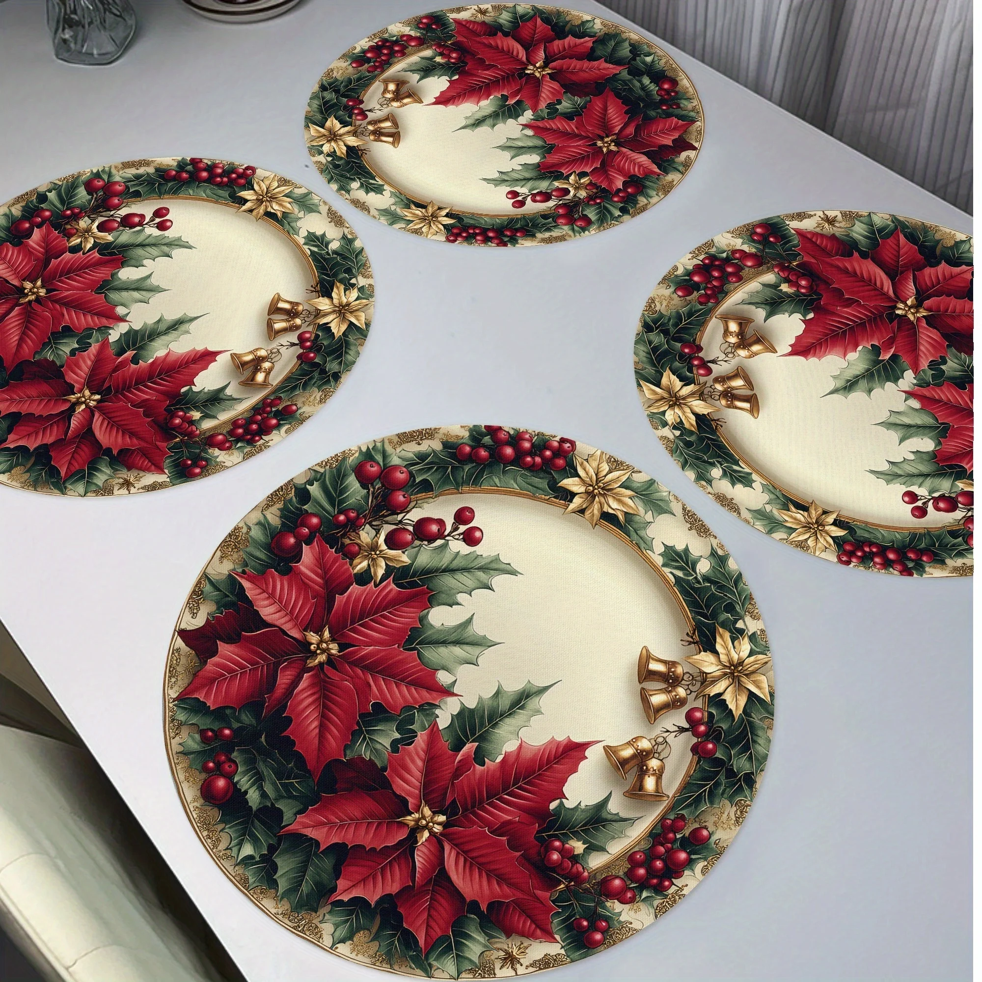 VIKAMA 4-teilige Weihnachtsstern-Tischsets mit goldenem Rand, Urlaubsversammlung, Familie, Esstisch, Dekoration, Zubehör, Party-Dekoration
