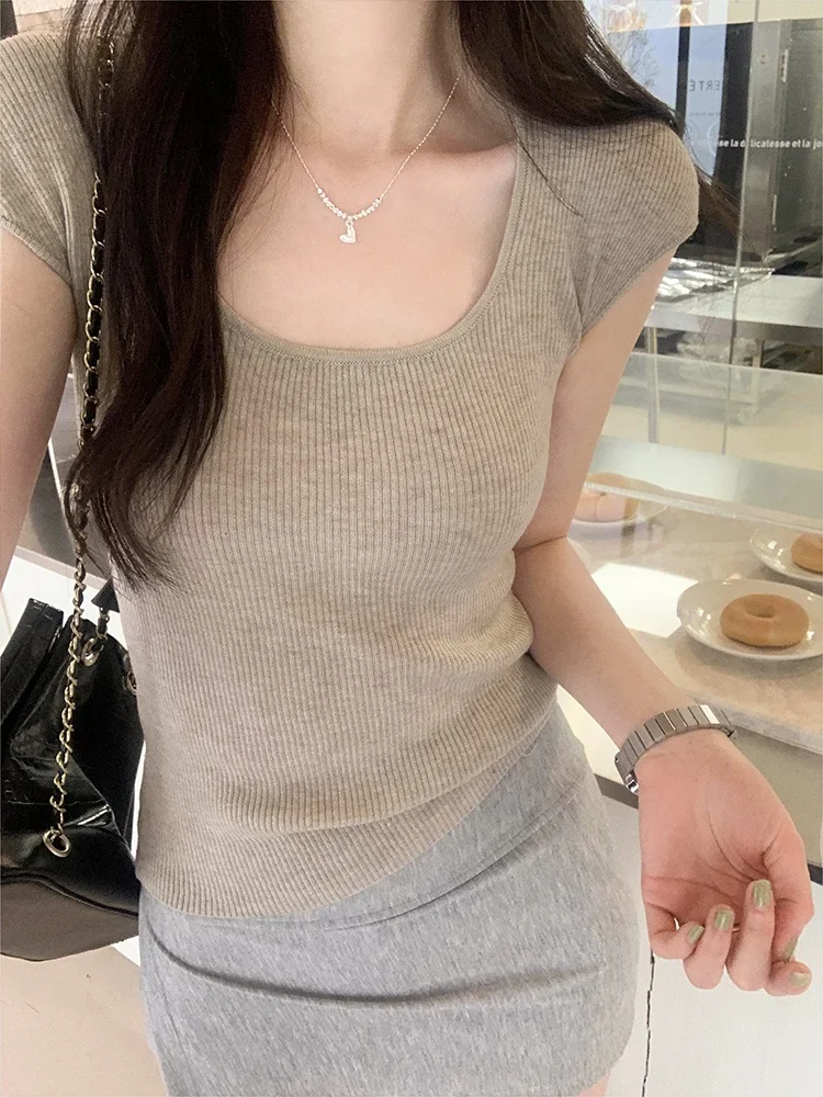 

Summer New Style Women's Short Sleeve T-Shirt Korean Version Slim Fit Low Collar Irregular Hem Cut out Waist Design Top