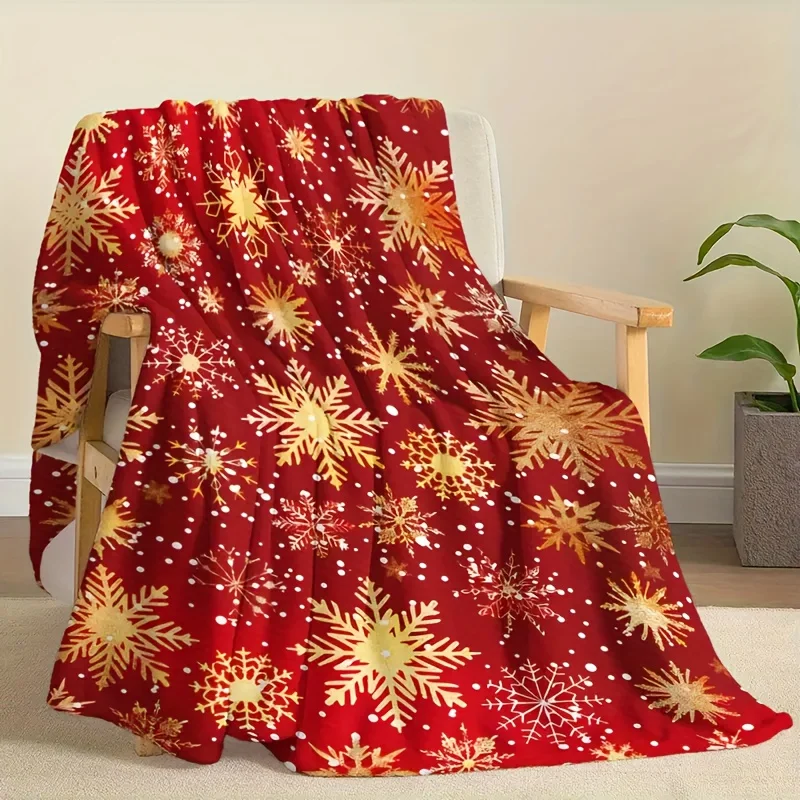 1pc of Cozy Vintage Christmas Snowflake Blanket - Soft Flannel with Golden Snowflake Print, Red Background with White Dots, the