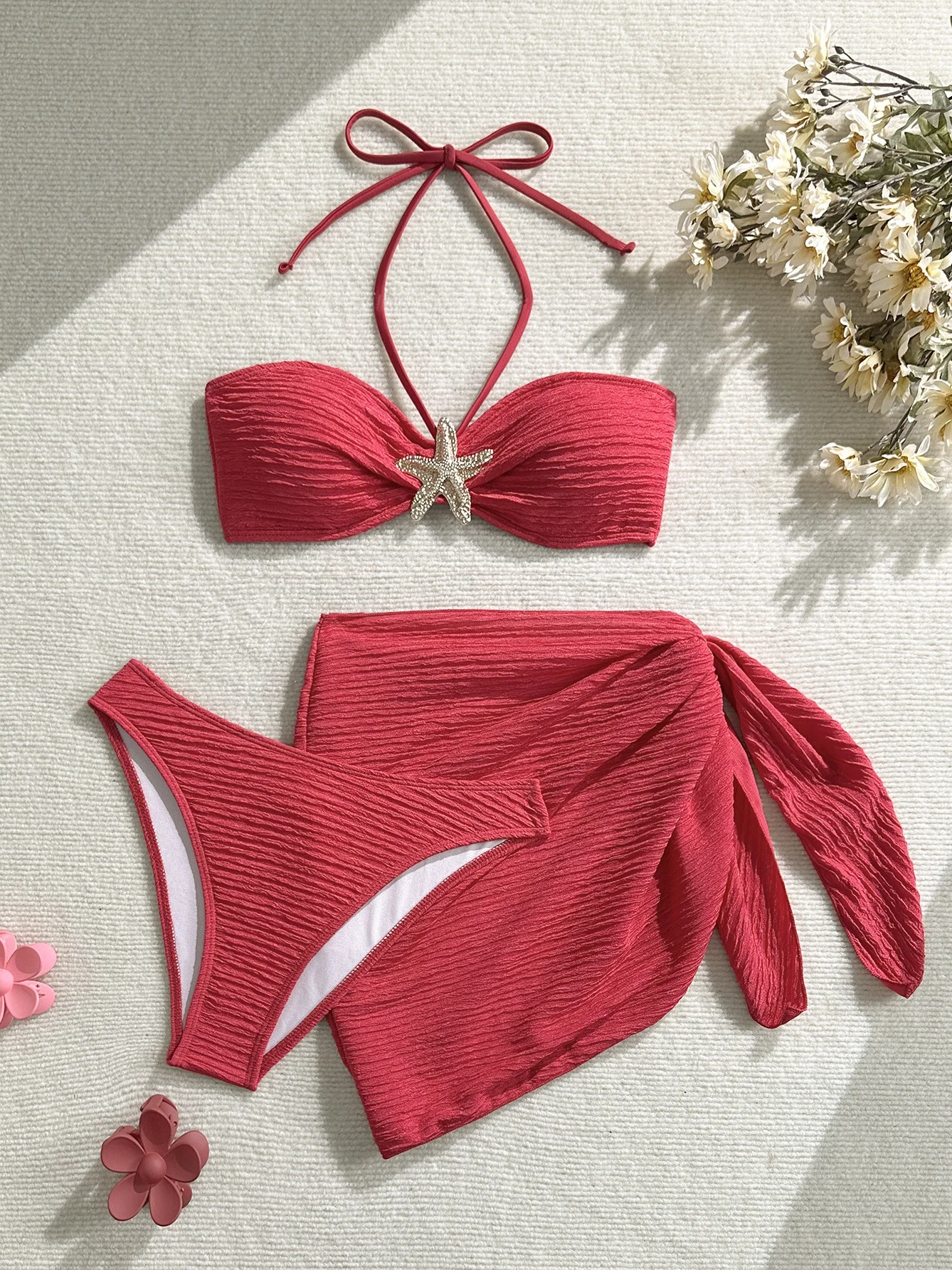 เซ็กซี่โลหะปลาดาวชุดบิกินี่ผู้หญิงสีน้ําตาล Bandeau Push Up กระโปรงตาข่าย 3 ชิ้นชุดว่ายน้ํา 2025 ชุดว่ายน้ําชายหาดวันหยุดชุดว่ายน้ํา