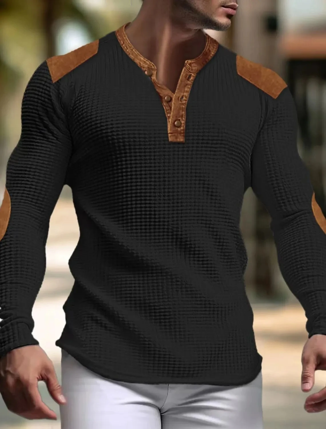 Breathable men\'s casual spring and autumn V-neck mesh solid color slim fit long sleeved top with trendy buttons