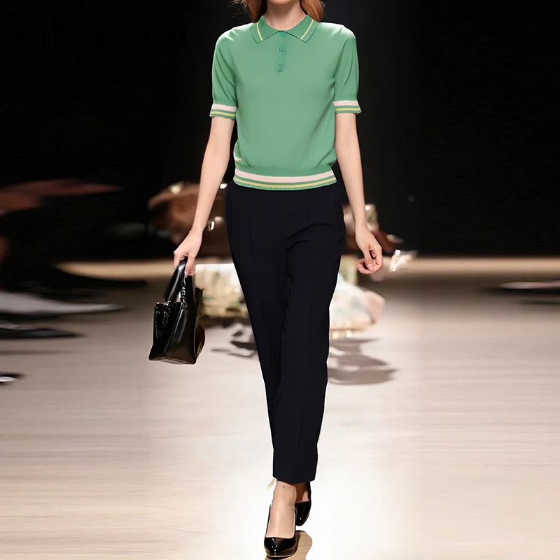 

Seifrmann, новая женская жаккардовая трикотажная рубашка на весну/лето с комплектом синих брюк с высокой талией