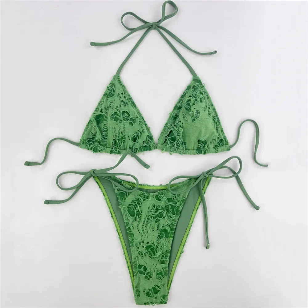 Sexy Green Holes Micro perizoma Bikini set String Halter costume da bagno donna costumi da bagno costume da bagno triangolo brasiliano Bikini Mujer