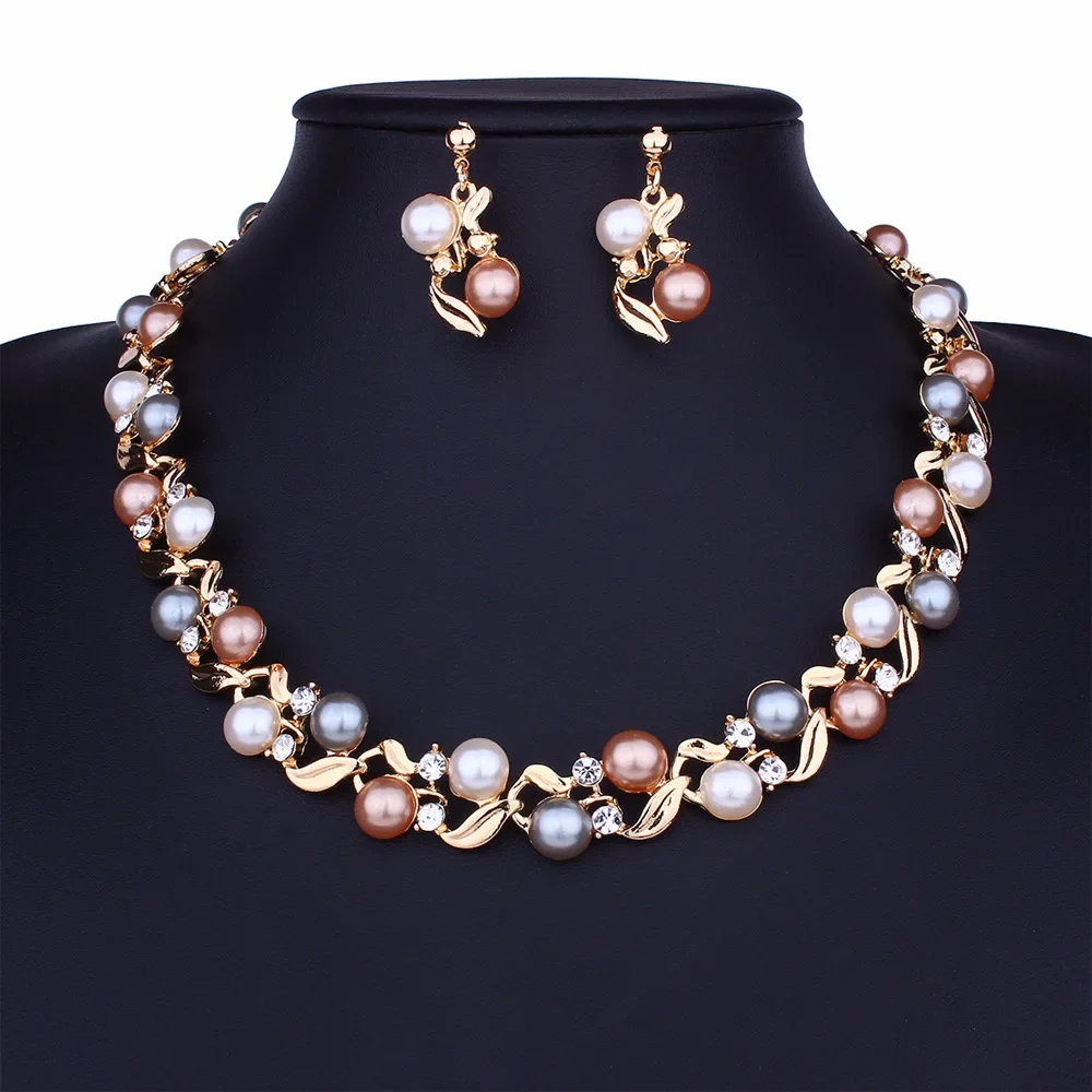 Fashion Imitation Pearl Wedding Necklace Earring Set Bridal for Women Elegant Rhinestone Jewelry Sets Party Gift