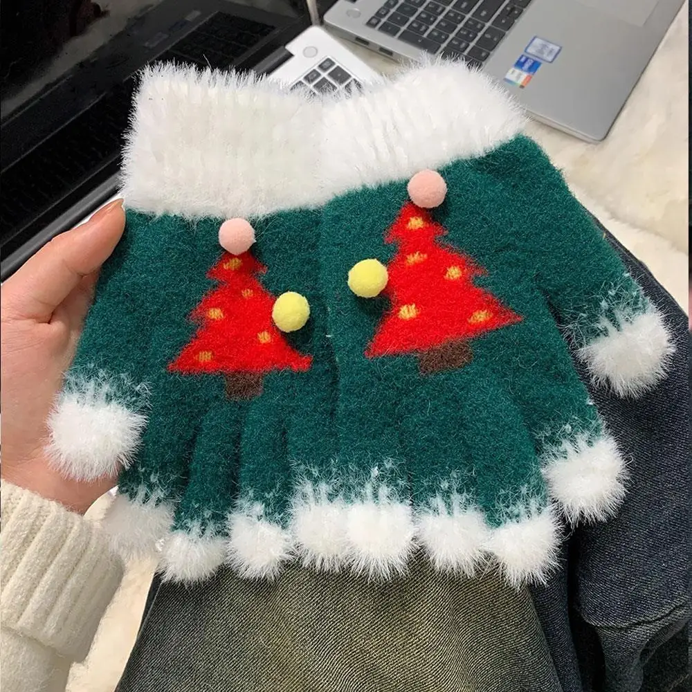 

Full Finger Fluffy Fur Skiing Gloves Knit Warm Mittens Snowflake Christmas Gloves Exposed Fingers Touch Screen Windproof Mittens