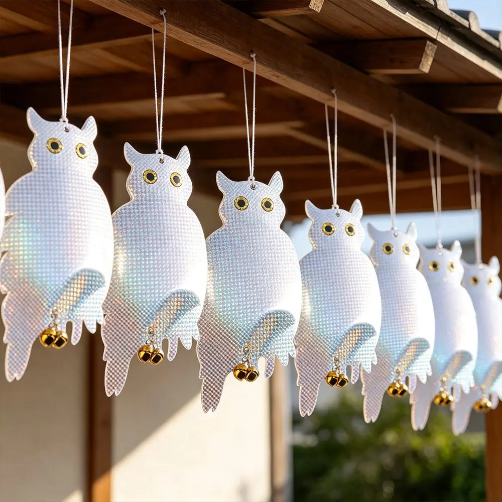 1 Pc Double-sided Laser Bird Repel Owl Scarecrow Waterproof Plastic Fake Bird Scare Device with Bells Bird Repeller Outdoor