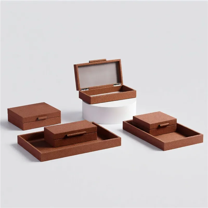 Luxury Leather Jewelry Box Storage Tray Organizer for Bedroom Desktop Decoration High End Texture Model House Ornament Gift
