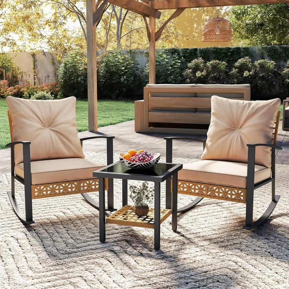 

3 Piece Outdoor Rocking Bistro Set Wicker Patio Outdoor Furniture Porch Chairs Conversation Sets with Glass Coffee Table.