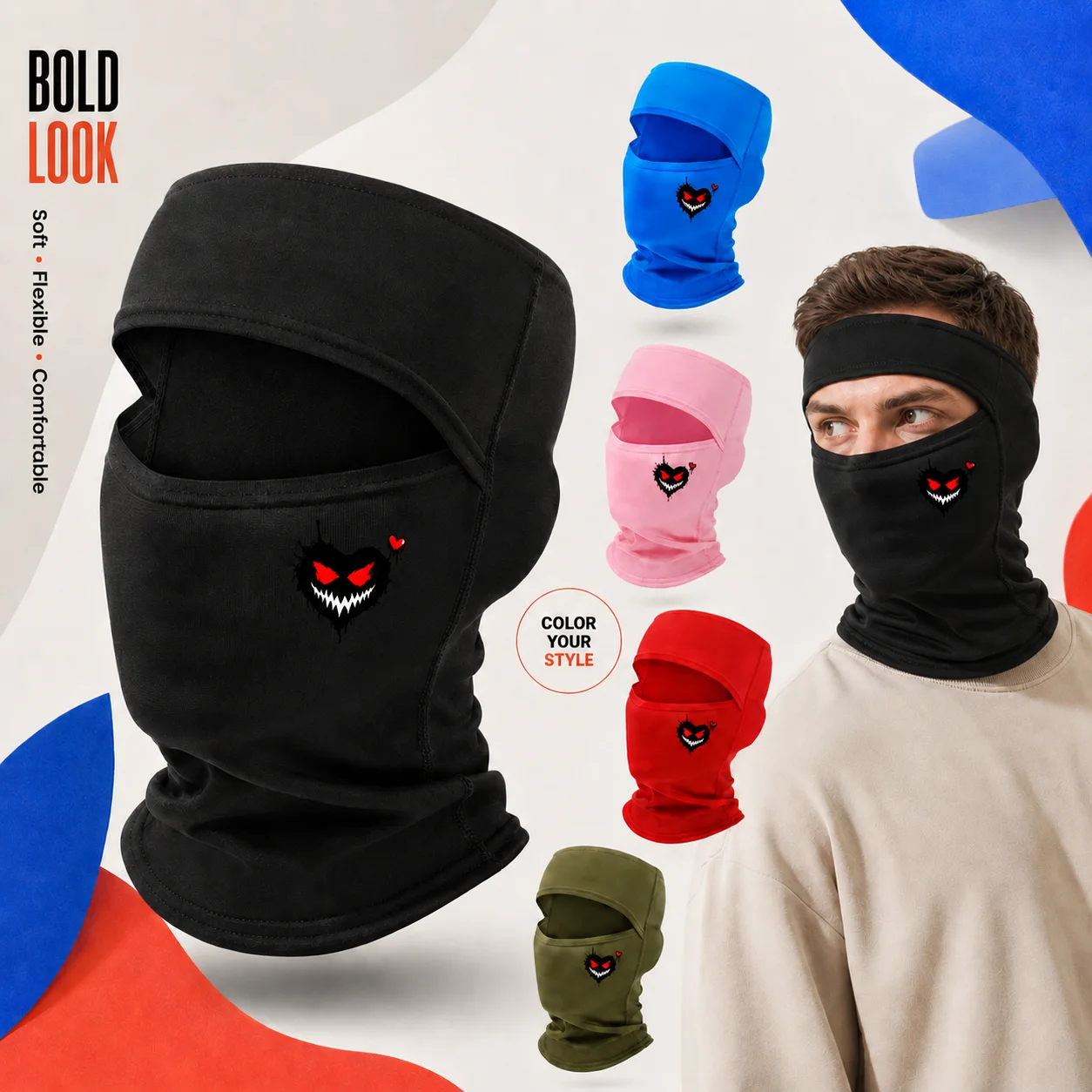 Male and female devil smiling face printed balaclava headband, full face mask, warm and comfortable riding ski hat