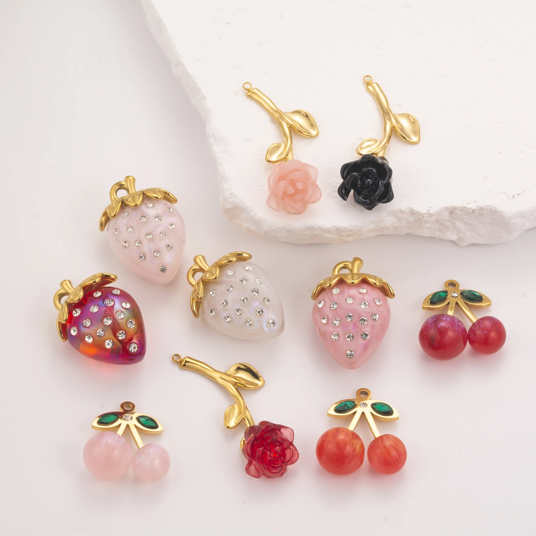 10Pcs Colorful Acrylic Strawberry/Cherry/Flower Charms Stainless Steel Accessories for Making Necklace Jewelry Pendant