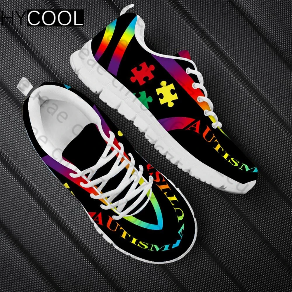 HYCOOL New Fashion Women Flats Shoes For Outdoor Running Autism Awareness Pattern Print Female Mesh Breathable Sports Sneakers