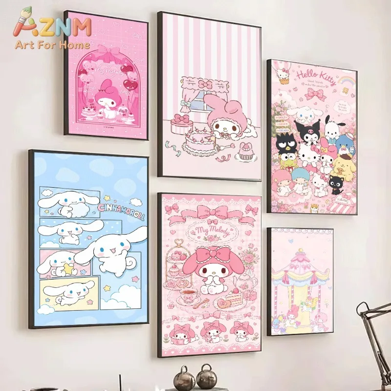 My Melody Cinnamoroll Hello Kitty Canvas Poster Cute Sanrio Cartoon Print Unframed Canvas Art Pink Sweet Aesthetic Wall Decor Gi