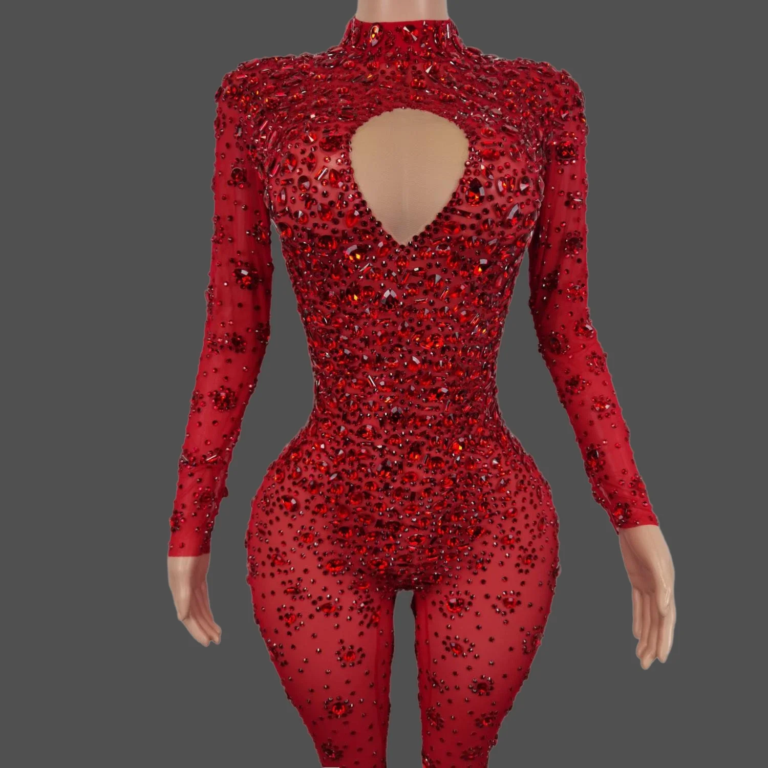 

Sparkle Diamond Party Club Red Jumpsuit Sexy See Through Mesh Performance Leotards Fashion Stage Singer Nightclub Carnival Wear