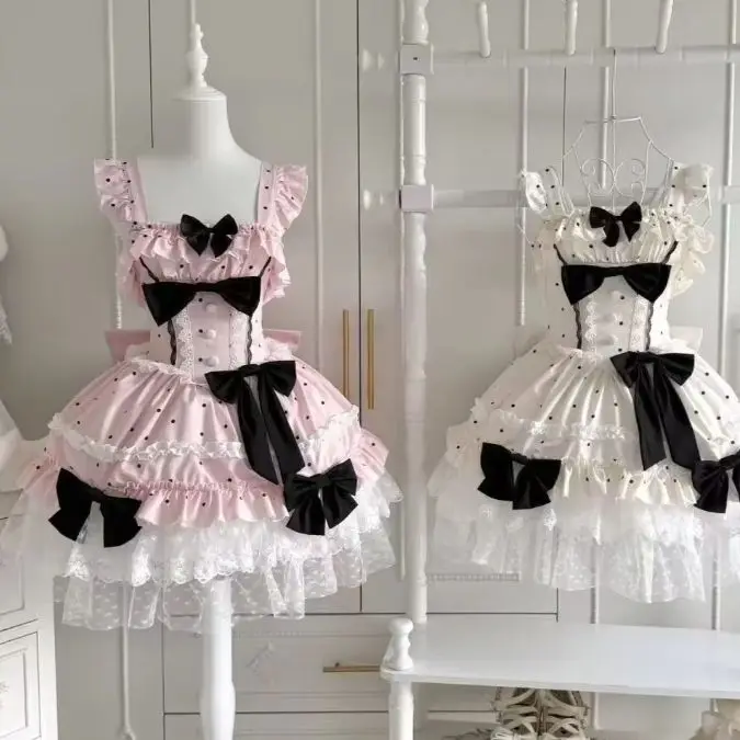 Japanese Sweet Lolita Mini Dress Women Puff Short Sleeve Multi-Layer Ruffle Lace Bow Princess Cosplay Holiday Party Outfit