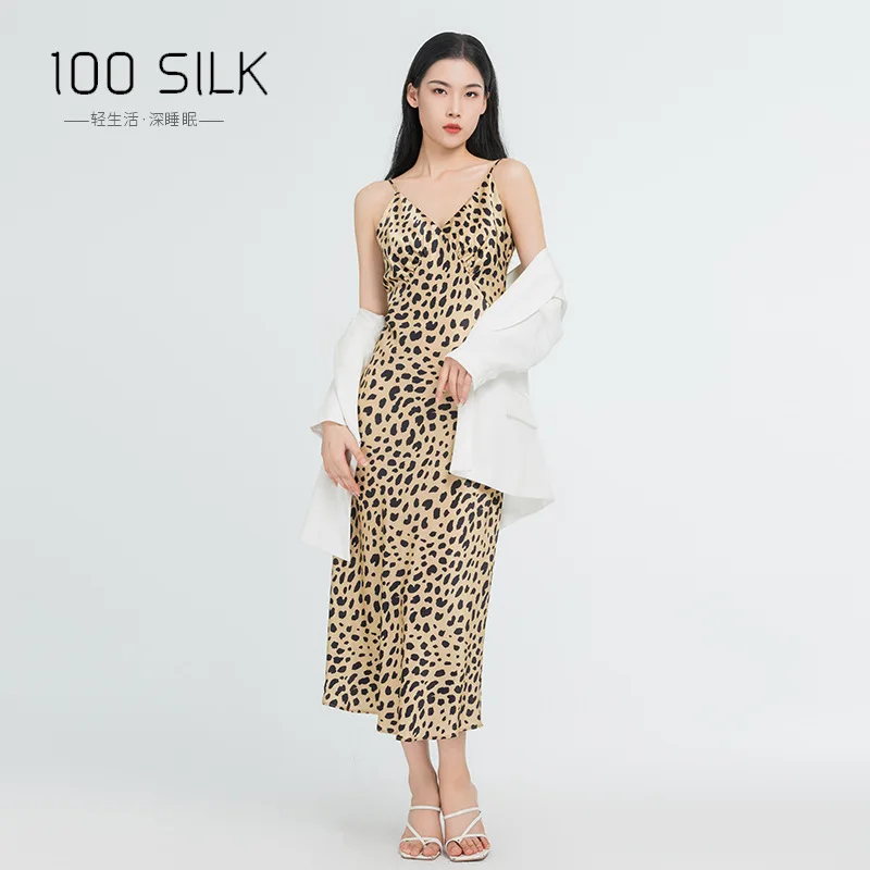 100% Pure Mulberry Silk Slip Midi Dress Women French Leopard Print V Neck Spaghetti Strap Long Nightgown Luxury Elegant Dresses