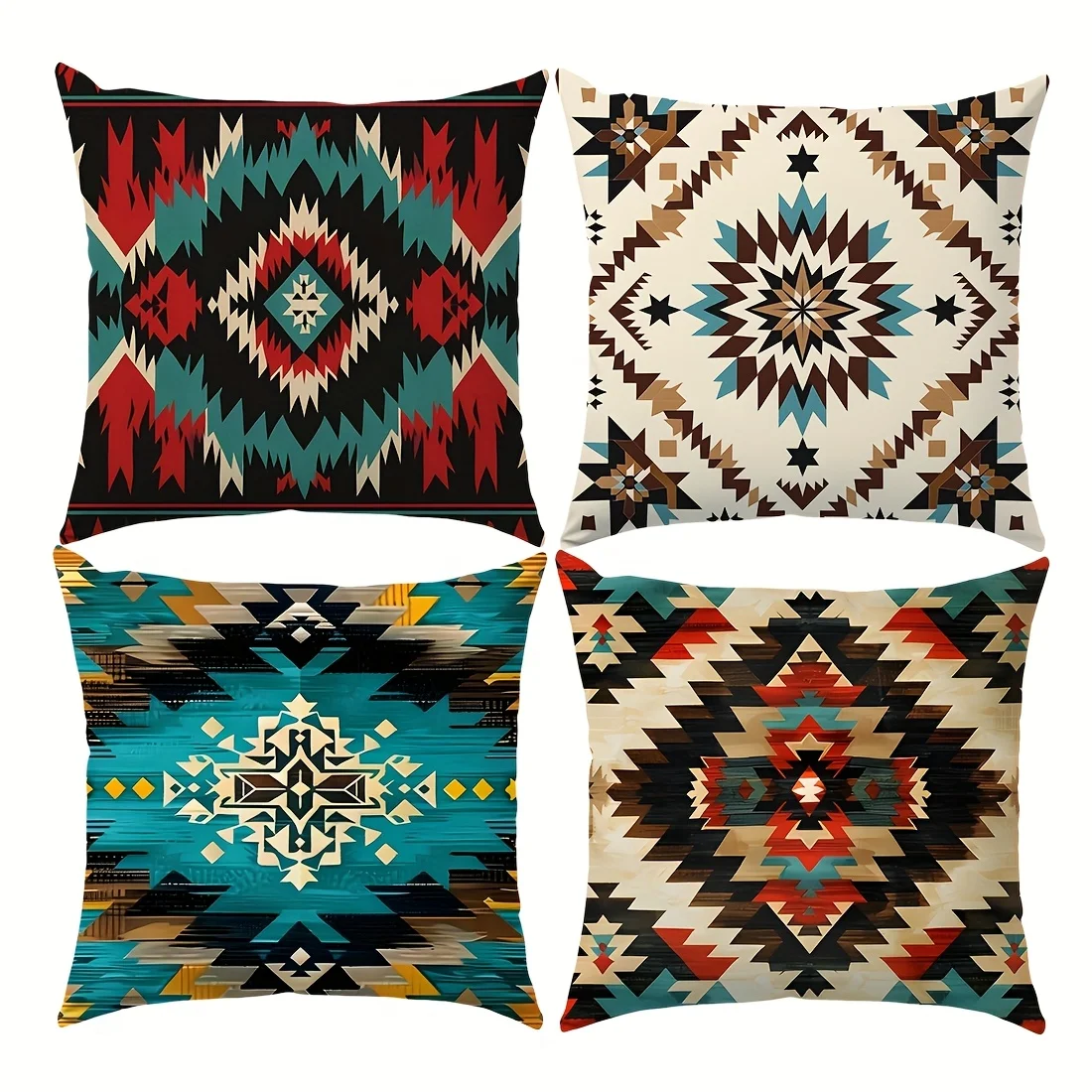 Pack  4 Fundas  Cojines Bohemios Aztecas - Estampado Geométrico Simétrico Doble Cara, Colores Vibrantes, Estilo Mid-Century