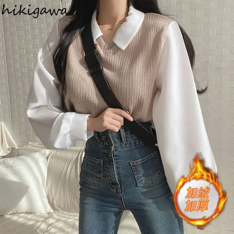 Hikigawa Blouses Women Chic Fake Two Thicked Shirts 2023 Blusas De Mujer Loose All-match Temperament Korean Tops Female 99903